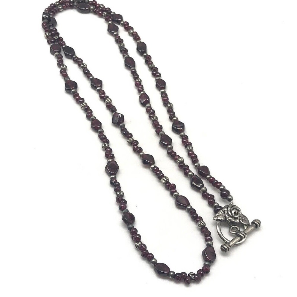 Vintage 925 Sterling Silver Genuine Garnet Beaded Flower Clasp Necklace 32"